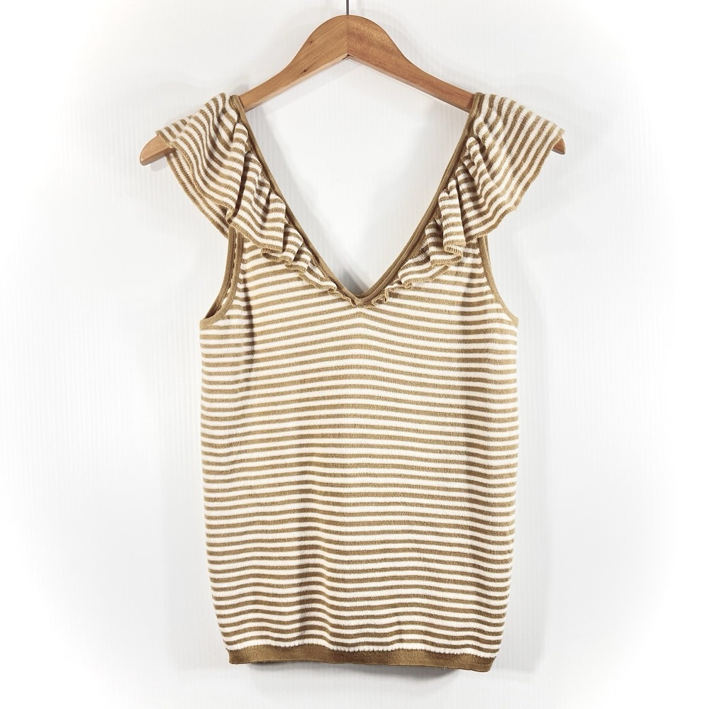 MADEWELL Belhaven Ruffle Sweater Tank‎ Size Small Camel Stripe Merino Wool Blend